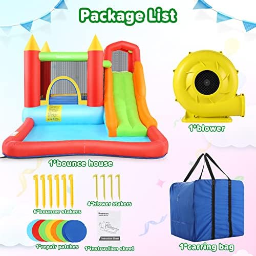 DREAMVAN Inflatable Bounce House with Blower  Bouncy Castle/Waterslide & Pool for Wet Dry Combo  Fun Bounce Area with Basketball Hoop Jumping Castle for Kids 3 10 Backyard