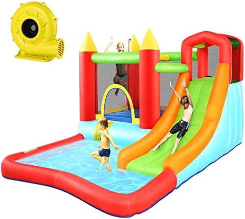DREAMVAN Inflatable Bounce House with Blower  Bouncy Castle/Waterslide & Pool for Wet Dry Combo  Fun Bounce Area with Basketball Hoop Jumping Castle for Kids 3 10 Backyard