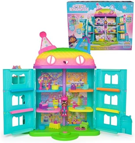 DREAMWORKS GABBYS DOLLHOUSE  14 Pc Celebration Dollhouse  25 Inches Tall  with Toy Figures  Doll House Furniture & 10 Sounds  Kids Toys for Girls & Boys Ages 3