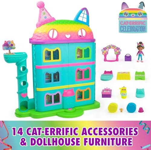 DREAMWORKS GABBYS DOLLHOUSE  14 Pc Celebration Dollhouse  25 Inches Tall  with Toy Figures  Doll House Furniture & 10 Sounds  Kids Toys for Girls & Boys Ages 3