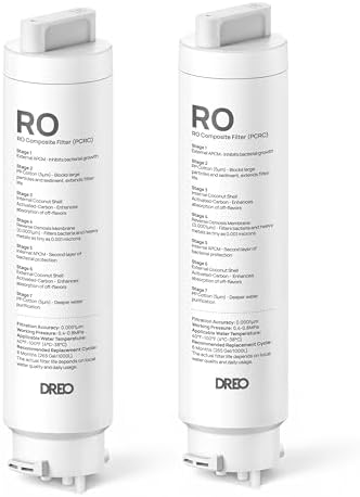 DREO 2 Pack Reverse Osmosis Filter  Replacement for DREO RO Water Filter 112 & 113 & 114 & 115  Removes 99 99  of Contaminants including PFOA  PFOS  Chlorine  6 12 Month per Cartridge  SGS Tested
