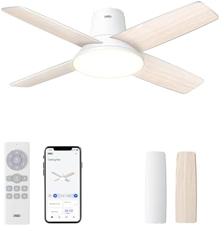DREO Ceiling Fans with Lights  12 Speeds & 3 Fan Modes  Quiet DC Motor  Low Profile Easy to Install  Flush Mount Smart Ceiling Fan with Dimmable LED  12H Timer for Bedroom  Remote  White  44