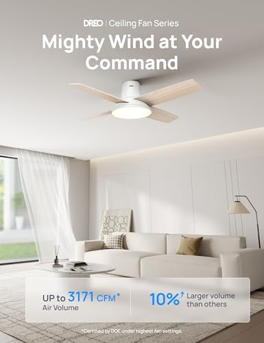 DREO Ceiling Fans with Lights  12 Speeds & 3 Fan Modes  Quiet DC Motor  Low Profile Easy to Install  Flush Mount Smart Ceiling Fan with Dimmable LED  12H Timer for Bedroom  Remote  White  44