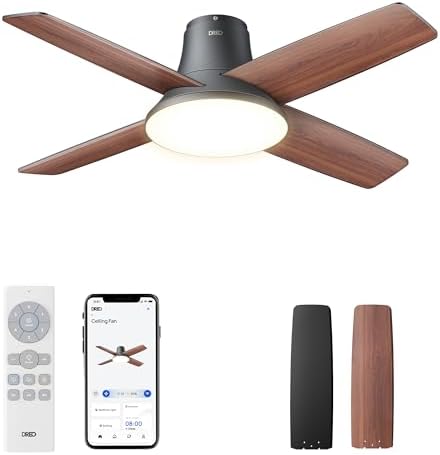 DREO Ceiling Fans with Lights  12 Speeds & 3 Fan Modes  Quiet DC Motor  Low Profile Easy to Install  Flush Mount Smart Ceiling Fan with Dimmable LED  12H Timer for Bedroom  Remote  White  44