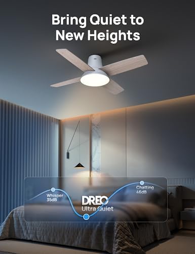 DREO Ceiling Fans with Lights  12 Speeds & 3 Fan Modes  Quiet DC Motor  Low Profile Easy to Install  Flush Mount Smart Ceiling Fan with Dimmable LED  12H Timer for Bedroom  Remote  White  44