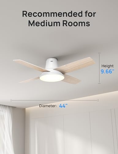 DREO Ceiling Fans with Lights  12 Speeds & 3 Fan Modes  Quiet DC Motor  Low Profile Easy to Install  Flush Mount Smart Ceiling Fan with Dimmable LED  12H Timer for Bedroom  Remote  White  44