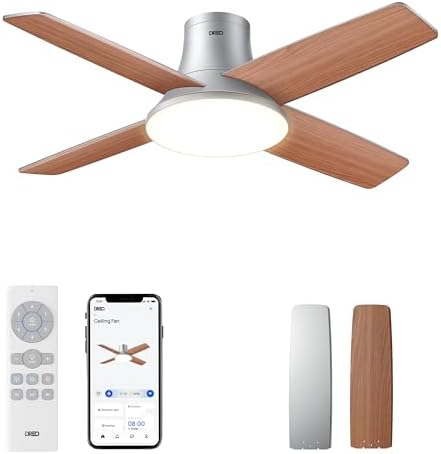 DREO Ceiling Fans with Lights  12 Speeds & 3 Fan Modes  Quiet DC Motor  Low Profile Easy to Install  Flush Mount Smart Ceiling Fan with Dimmable LED  12H Timer for Bedroom  Remote  White  44