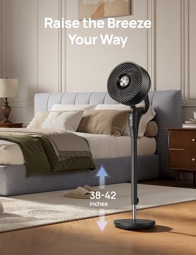 DREO Fan for Bedroom  2026 Upgraded  90ft Airflow  20dB Quiet Fan  90  Oscillating Standing Fan for Whole Room  DC Motor  8 H Speeds  3 Modes  38 42 Adjustable Height  8H Timer  105  Manual Vertical