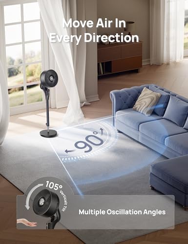 DREO Fan for Bedroom  2026 Upgraded  90ft Airflow  20dB Quiet Fan  90  Oscillating Standing Fan for Whole Room  DC Motor  8 H Speeds  3 Modes  38 42 Adjustable Height  8H Timer  105  Manual Vertical