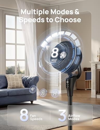 DREO Fan for Bedroom  2026 Upgraded  90ft Airflow  20dB Quiet Fan  90  Oscillating Standing Fan for Whole Room  DC Motor  8 H Speeds  3 Modes  38 42 Adjustable Height  8H Timer  105  Manual Vertical