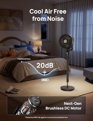 DREO Fan for Bedroom  2026 Upgraded  90ft Airflow  20dB Quiet Fan  90  Oscillating Standing Fan for Whole Room  DC Motor  8 H Speeds  3 Modes  38 42 Adjustable Height  8H Timer  105  Manual Vertical