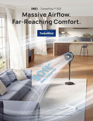 DREO Fan for Bedroom  2026 Upgraded  90ft Airflow  20dB Quiet Fan  90  Oscillating Standing Fan for Whole Room  DC Motor  8 H Speeds  3 Modes  38 42 Adjustable Height  8H Timer  105  Manual Vertical