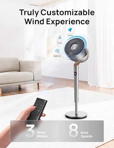DREO Fan for Bedroom  120  120 Omni directional Oscillating Fan  90ft  DC Motor  20 dB Quiet Standing Pedestal Fans  8 Speeds  3 Modes Circulator with Remote  35 40 Adjustable Height  8H Timer