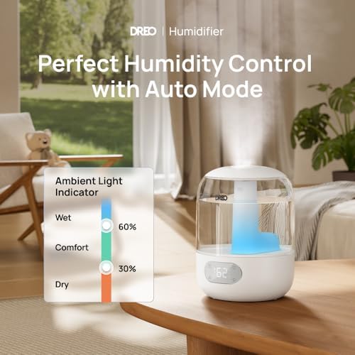 DREO Humidifiers for Bedroom  3L Top Fill 30H & 26dB Quiet Runtime for Large Room  Cool Mist Ultrasonic Humidifier with Humidity Sensor  Night Light for Home  Baby  Nursery  Plants  New Edition