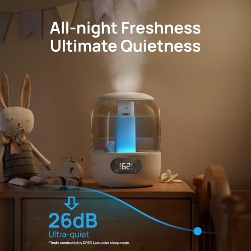 DREO Humidifiers for Bedroom  3L Top Fill 30H & 26dB Quiet Runtime for Large Room  Cool Mist Ultrasonic Humidifier with Humidity Sensor  Night Light for Home  Baby  Nursery  Plants  New Edition