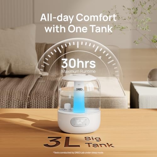DREO Humidifiers for Bedroom  3L Top Fill 30H & 26dB Quiet Runtime for Large Room  Cool Mist Ultrasonic Humidifier with Humidity Sensor  Night Light for Home  Baby  Nursery  Plants  New Edition