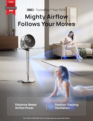 DREO Smart Fan for Bedroom  Position based Oscillation  150  120  3D Oscillating Fan  110ft Pedestal Fans with Wi Fi/Voice/Remote  Standing Fans Work with Alexa/Google  9 Speeds  6 Modes  25dB  Silver