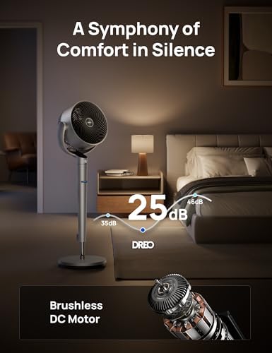 DREO Smart Fan for Bedroom  Position based Oscillation  150  120  3D Oscillating Fan  110ft Pedestal Fans with Wi Fi/Voice/Remote  Standing Fans Work with Alexa/Google  9 Speeds  6 Modes  25dB  Silver