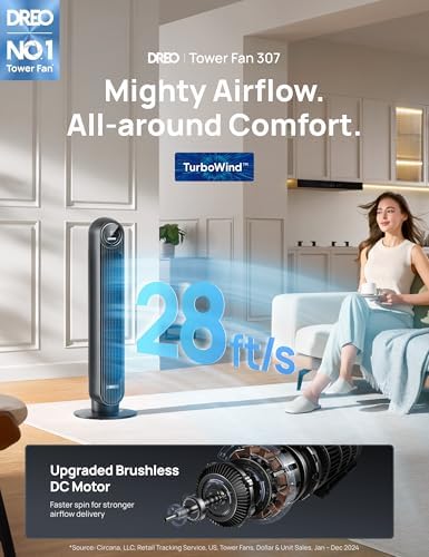 DREO Tower Fan for Bedroom  2026 Upgraded DC Motor  28ft/s High Velocity  20dB Ultra Quiet Standing Fan  8 Speeds 4 Modes  90  Oscillating Bladeless Fan for Indoors  Floor Fans with Remote  Black