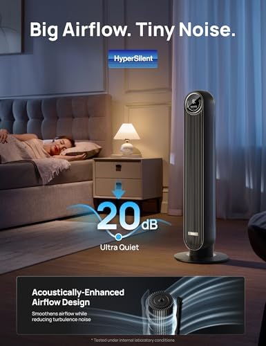 DREO Tower Fan for Bedroom  2026 Upgraded DC Motor  28ft/s High Velocity  20dB Ultra Quiet Standing Fan  8 Speeds 4 Modes  90  Oscillating Bladeless Fan for Indoors  Floor Fans with Remote  Black