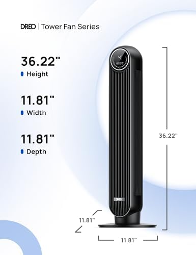 DREO Tower Fan for Bedroom  2026 Upgraded DC Motor  28ft/s High Velocity  20dB Ultra Quiet Standing Fan  8 Speeds 4 Modes  90  Oscillating Bladeless Fan for Indoors  Floor Fans with Remote  Black