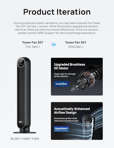 DREO Tower Fan for Bedroom  2026 Upgraded DC Motor  28ft/s High Velocity  20dB Ultra Quiet Standing Fan  8 Speeds 4 Modes  90  Oscillating Bladeless Fan for Indoors  Floor Fans with Remote  Black