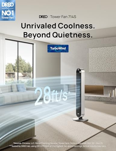 DREO Tower Fan for Bedroom  42 Inch 120  Oscillating Fan  20dB Quiet DC Motor  28ft/s Velocity Bladeless Standing Fan with 12 Speeds  4 Modes  12H Timer Cooling Fans for Home  Living Room