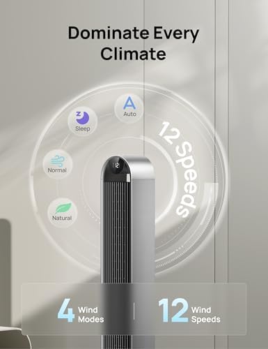 DREO Tower Fan for Bedroom  42 Inch 120  Oscillating Fan  20dB Quiet DC Motor  28ft/s Velocity Bladeless Standing Fan with 12 Speeds  4 Modes  12H Timer Cooling Fans for Home  Living Room