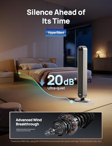 DREO Tower Fan for Bedroom  42 Inch 120  Oscillating Fan  20dB Quiet DC Motor  28ft/s Velocity Bladeless Standing Fan with 12 Speeds  4 Modes  12H Timer Cooling Fans for Home  Living Room