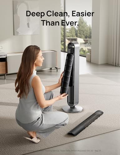 DREO Tower Fan for Bedroom  42 Inch 120  Oscillating Fan  20dB Quiet DC Motor  28ft/s Velocity Bladeless Standing Fan with 12 Speeds  4 Modes  12H Timer Cooling Fans for Home  Living Room