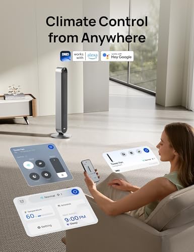 DREO Tower Fan for Bedroom  42 Inch 120  Oscillating Fan  20dB Quiet DC Motor  28ft/s Velocity Bladeless Standing Fan with 12 Speeds  4 Modes  12H Timer Cooling Fans for Home  Living Room