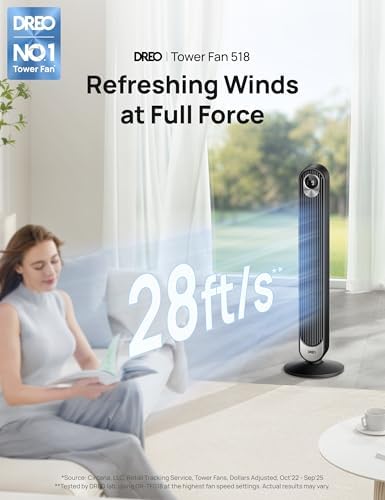 DREO Tower Fan for Bedroom  28 ft/s  20dB Quiet Fans that Blow Cold Air  9 Speeds  4 Modes  12H Timer  Oscillating Cooling Standing Floor Fan Powerful for Indoor Home Office Room  LED Display  42 inch