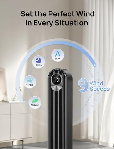 DREO Tower Fan for Bedroom  28 ft/s  20dB Quiet Fans that Blow Cold Air  9 Speeds  4 Modes  12H Timer  Oscillating Cooling Standing Floor Fan Powerful for Indoor Home Office Room  LED Display  42 inch
