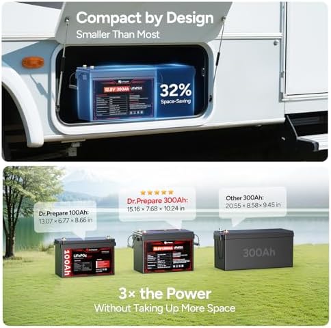 DR PREPARE 12V 300Ah LiFePO4 Battery  Grade A  Cells 3840Wh Rechargeable Lithium Iron Phosphate Battery  200A BMS & Low Temp Cut Off  Small Size for RV  Solar  Off Grid  Camping  Boat  Backup Power
