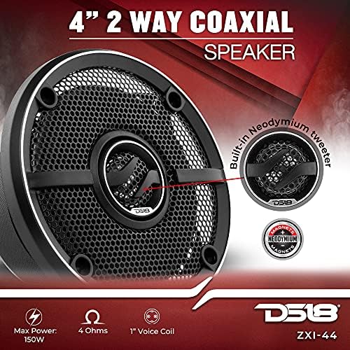 DS18 ZXI 44 4 Car Audio Coaxial Speaker with Built in Neodymium Tweeter and Kevlar Cone   2 Way 150 Watts Max 4 Ohm  2 Speakers 