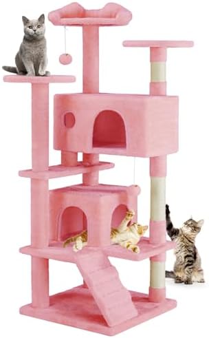 DUMOS 54 inch Indoor Cat Tree Tower  Multi Level Pet House for Large Cats with 2 Condos  Scratching Posts  Round Platform  Small Ladder  and Toys  Pink