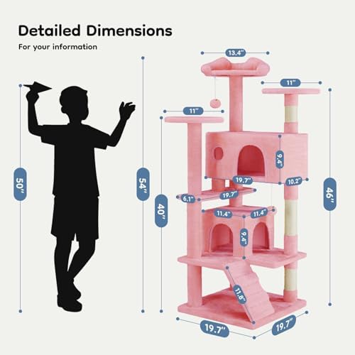 DUMOS 54 inch Indoor Cat Tree Tower  Multi Level Pet House for Large Cats with 2 Condos  Scratching Posts  Round Platform  Small Ladder  and Toys  Pink