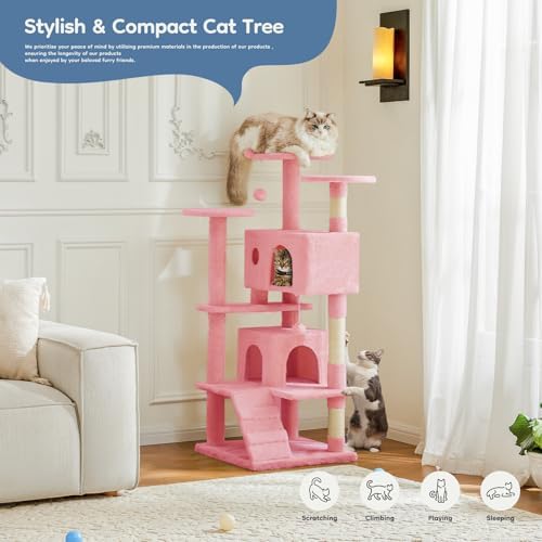DUMOS 54 inch Indoor Cat Tree Tower  Multi Level Pet House for Large Cats with 2 Condos  Scratching Posts  Round Platform  Small Ladder  and Toys  Pink
