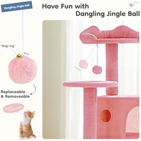 DUMOS 54 inch Indoor Cat Tree Tower  Multi Level Pet House for Large Cats with 2 Condos  Scratching Posts  Round Platform  Small Ladder  and Toys  Pink