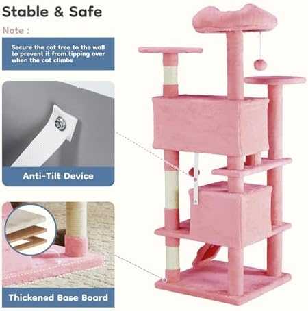 DUMOS 54 inch Indoor Cat Tree Tower  Multi Level Pet House for Large Cats with 2 Condos  Scratching Posts  Round Platform  Small Ladder  and Toys  Pink
