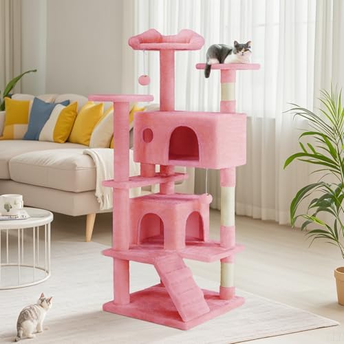 DUMOS 54 inch Indoor Cat Tree Tower  Multi Level Pet House for Large Cats with 2 Condos  Scratching Posts  Round Platform  Small Ladder  and Toys  Pink