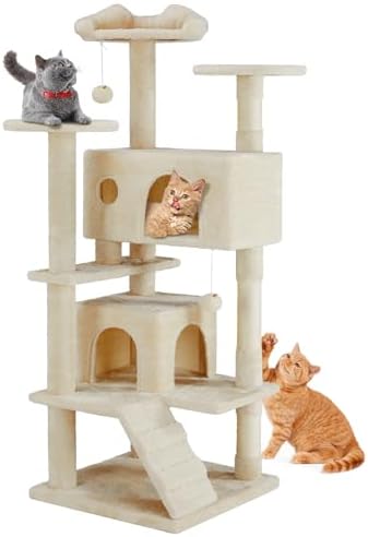 DUMOS 54 inch Indoor Cat Tree Tower  Multi Level Pet House for Large Cats with 2 Condos  Scratching Posts  Round Platform  Small Ladder  and Toys  Pink