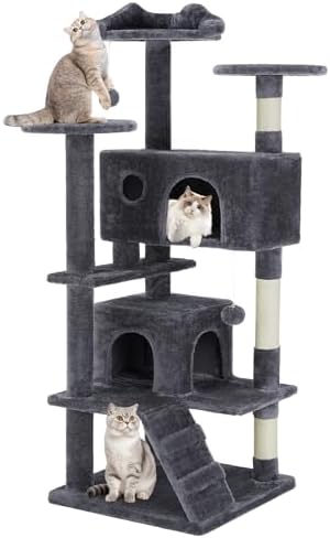 DUMOS 54 inch Indoor Cat Tree Tower  Multi Level Pet House for Large Cats with 2 Condos  Scratching Posts  Round Platform  Small Ladder  and Toys  Pink