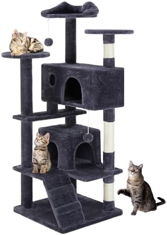 DUMOS 54 inch Indoor Cat Tree Tower  Multi Level Pet House for Large Cats with 2 Condos  Scratching Posts  Round Platform  Small Ladder  and Toys  Pink