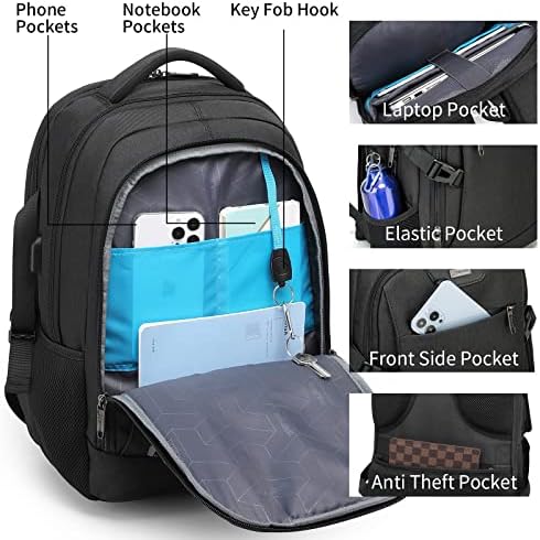 DUSLANG 17 Inch Laptop Backpack for Travel Water Resistant College Backpack for Men/Women Laptop Bag with USB Charging Port Black