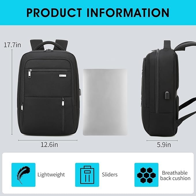 DUSLANG 17 Inch Laptop Backpack for Travel Water Resistant College Backpack for Men/Women Laptop Bag with USB Charging Port Black