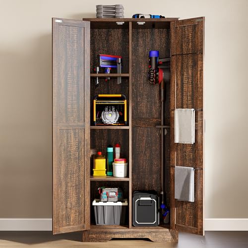 DWVO Wooden Storage Cabinet  Vacuum Cleaner Storage Compatible with Dyson Models  Utility Stand for Brooms and Mops  Cleaning Tool Cabinet with Doors for Garage  Office  Home