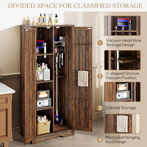 DWVO Wooden Storage Cabinet  Vacuum Cleaner Storage Compatible with Dyson Models  Utility Stand for Brooms and Mops  Cleaning Tool Cabinet with Doors for Garage  Office  Home