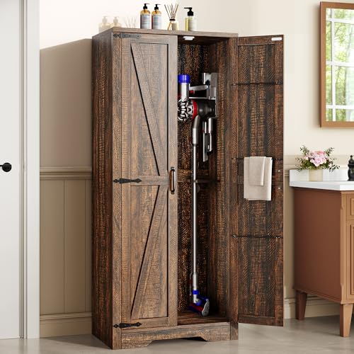 DWVO Wooden Storage Cabinet  Vacuum Cleaner Storage Compatible with Dyson Models  Utility Stand for Brooms and Mops  Cleaning Tool Cabinet with Doors for Garage  Office  Home
