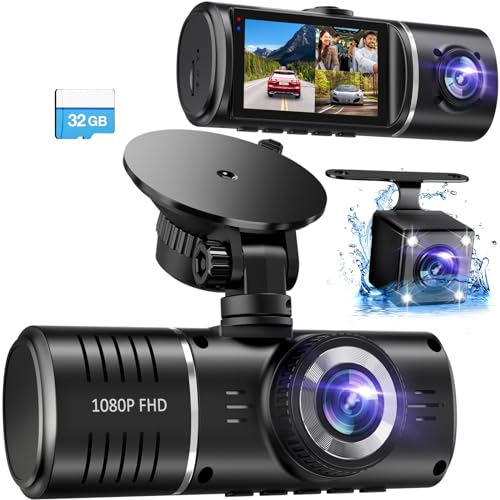 Cámara de tablero frontal y trasera, cámara de tablero 1080P para automóviles, cámara de automóvil de 3 canales frontal trasera e interior con tarjeta de 32 GB, grabación en bucle, visión nocturna